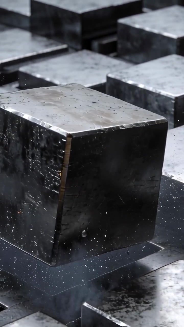 Video verticale: Sedile a cubo metallico che scende in un incavo a griglia, riempiendo l'alloggiamento e sollevando polvere.