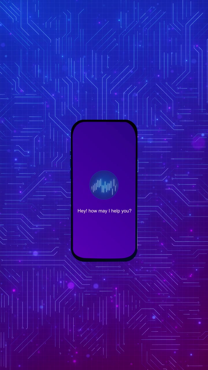 Ai voice assistant phone background purple mobile screen sound wave icon circuit board pattern