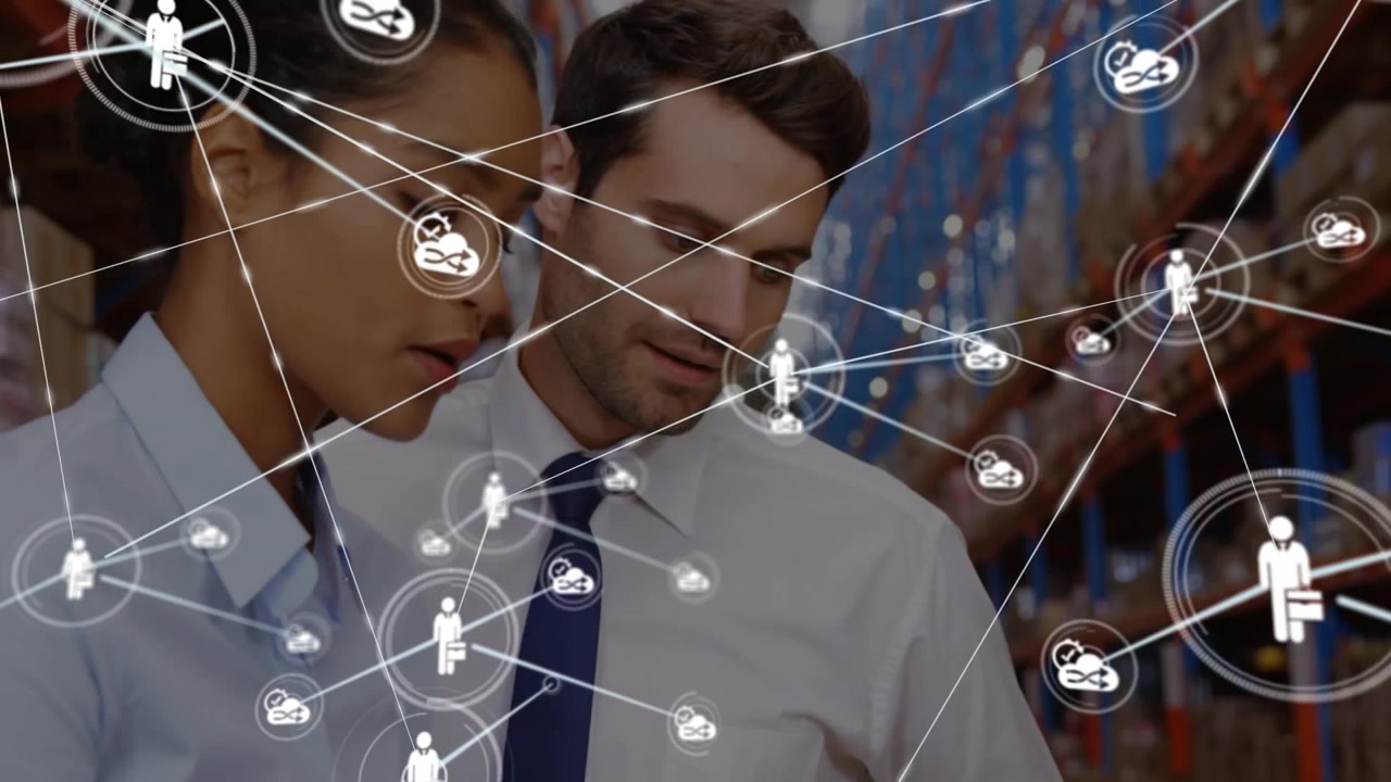 Animazione di una rete di connessioni su diversi lavoratori in un magazzino