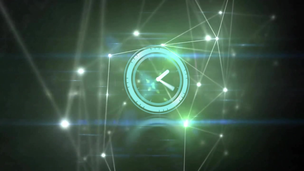 Network lines flickering triggers 3D clock pulsing, rotating hands advancing visualizing time flow
