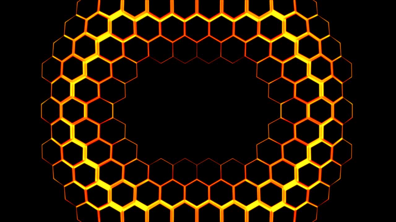 hexágonos brillantes y brillantes superficie geométrica, movimiento desde el centro