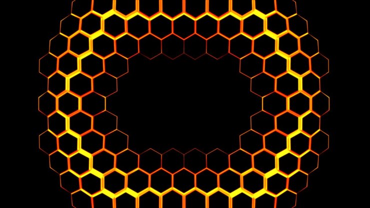 Bright, glowing hexagons geometric surface, movement from the center