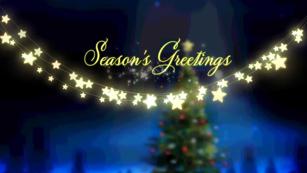 크리스마스 시즌의 애니메이션 축하와 크리스마스 트리 위에 반 ⁇ 이는 요정 빛