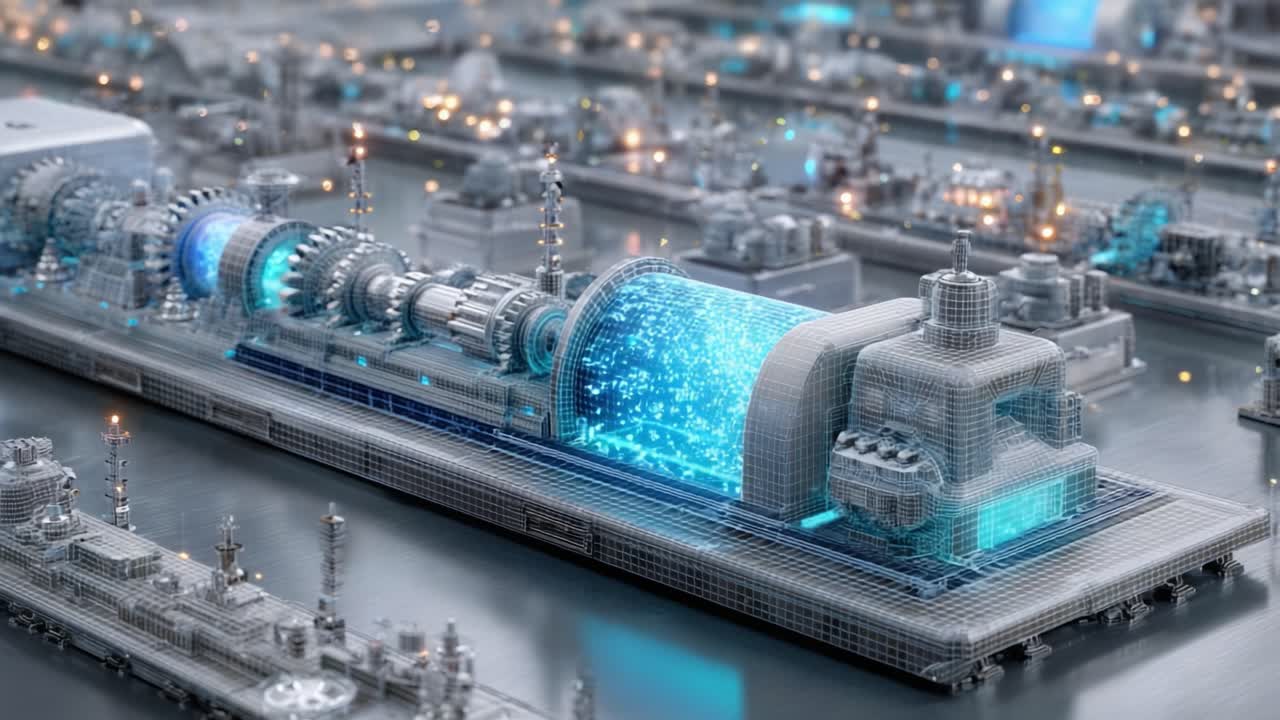 Advanced Digital Rendering of an Industrial Facility Featuring High-Tech Machinery and Energy Generation Systems in a Futuristic Environment