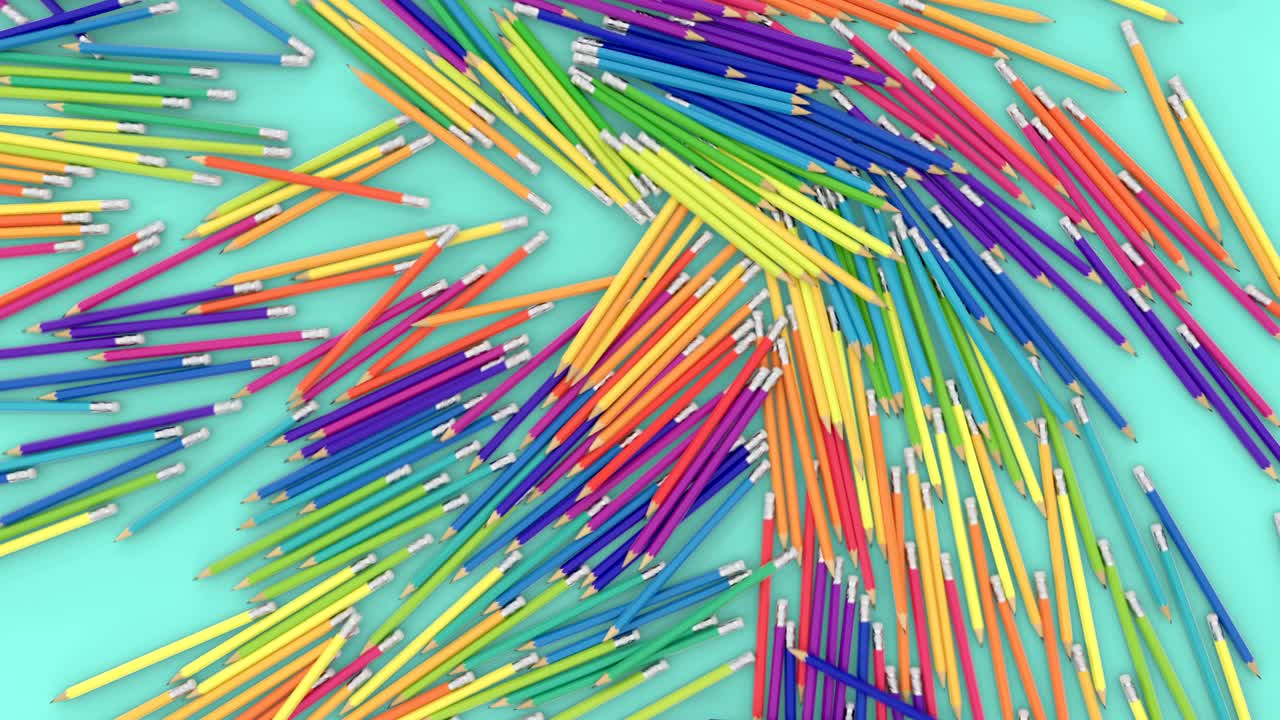 많은 다채로운 연필이 서서 떨어집니다.