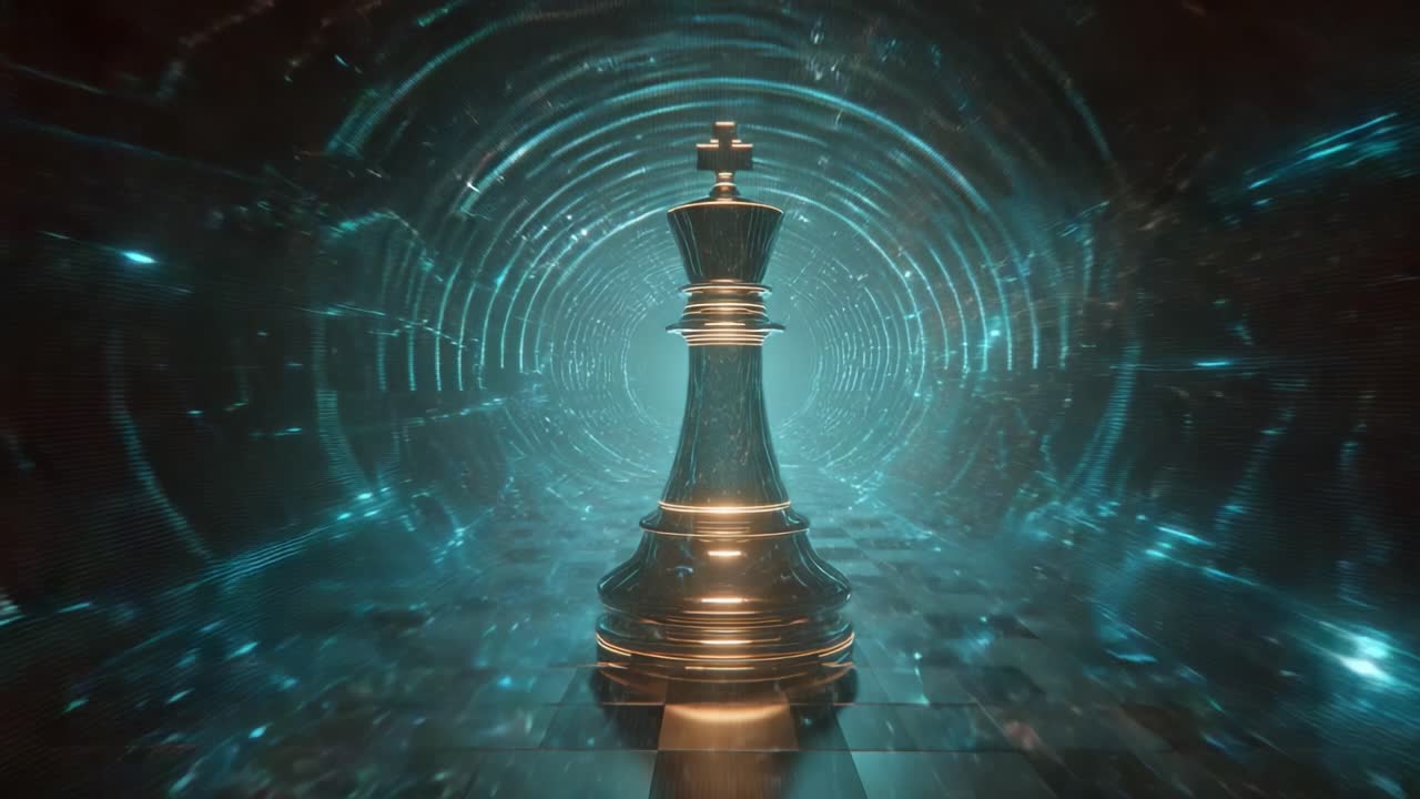 Golden chess king piece standing on a chessboard inside a futuristic technology data tunnel, representing concepts of strategy, power, success, leadership, and business competition