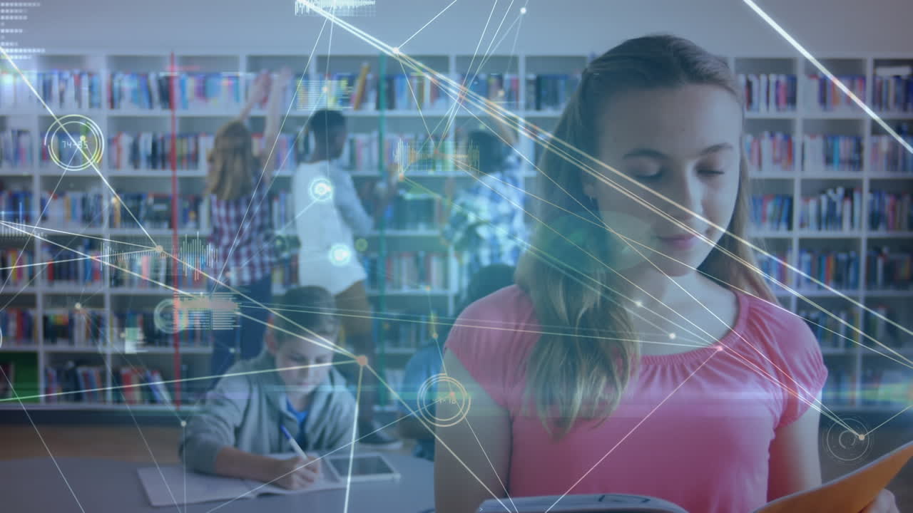 animación de la red de conexiones entre diversos escolares que leen y aprenden en la escuela