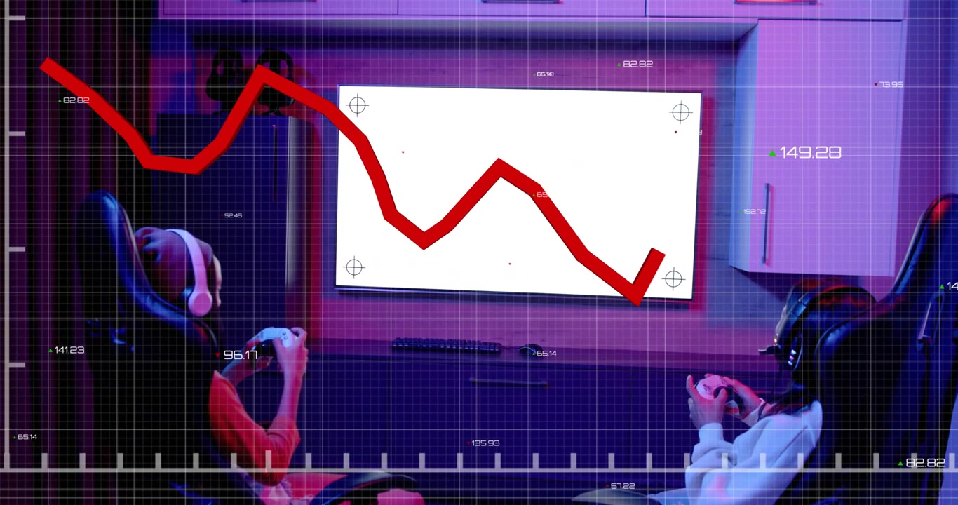 Mother and daughter pressing controllers in gaming den tracking score updating on red line graph