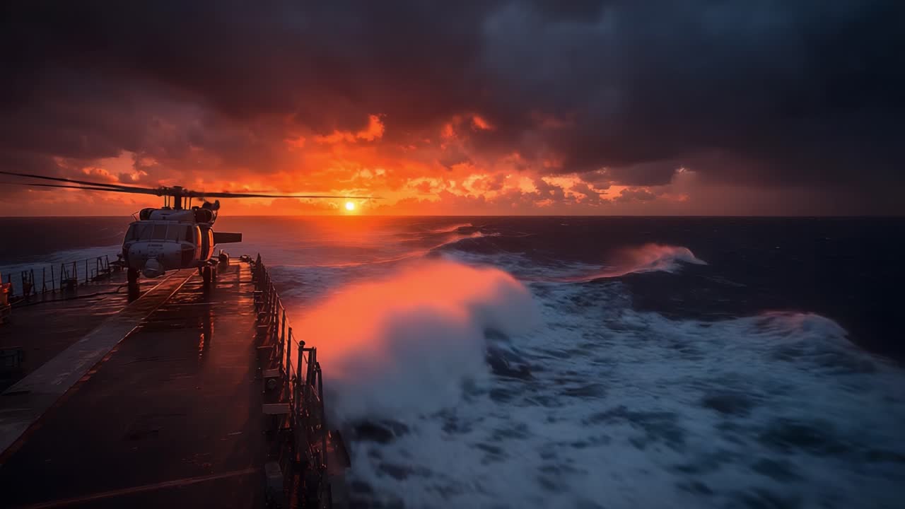 A Dramatic Sunset Over Ocean Waves Captured from a Helicopter on a Ship, Where Nature's Vibrant Colors Contrast Against the Darkening Sky, Creating a Stunning Visual Display