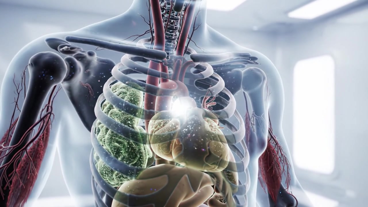 Exploring Human Anatomy: A Detailed Visualization of the Skeletal and Internal Structures in a Futuristic Medical Environment
