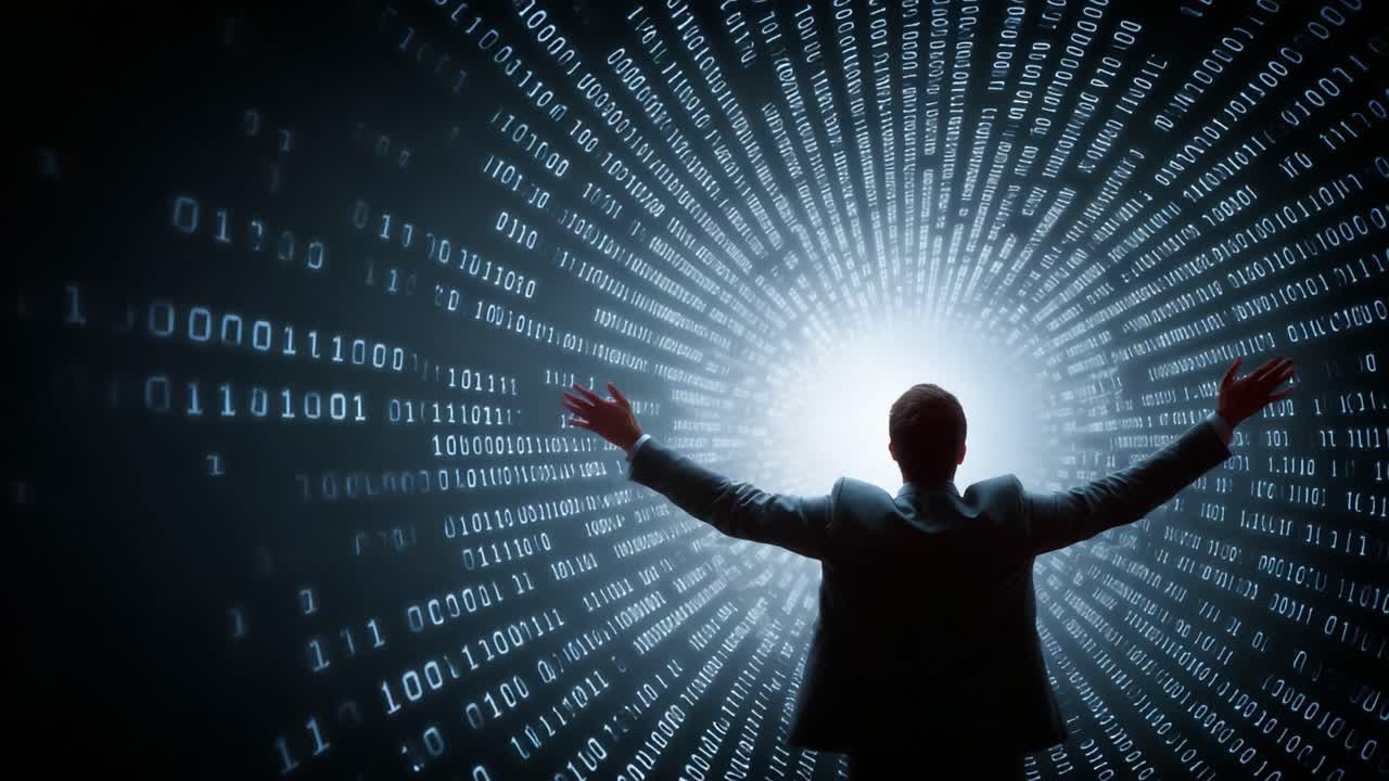 A Tech Visionary Embracing the Digital Era: A Person Standing Against a Dynamic Backdrop of Binary Code, Emanating Energy and Innovation