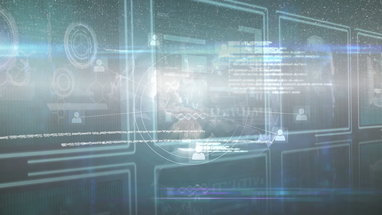 어두운 배경에 있는 화면에서 데이터 처리의 애니메이션