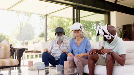 using vr headsets, senior friends enjoying virtual reality experience together
