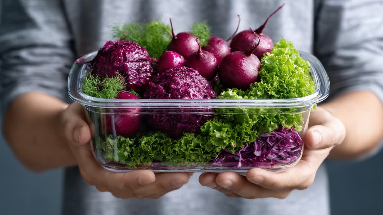 A vibrant assortment of freshly harvested vegetables featuring lush greens and deep purple hues, artfully arranged in a clear container, showcasing nature's bounty
