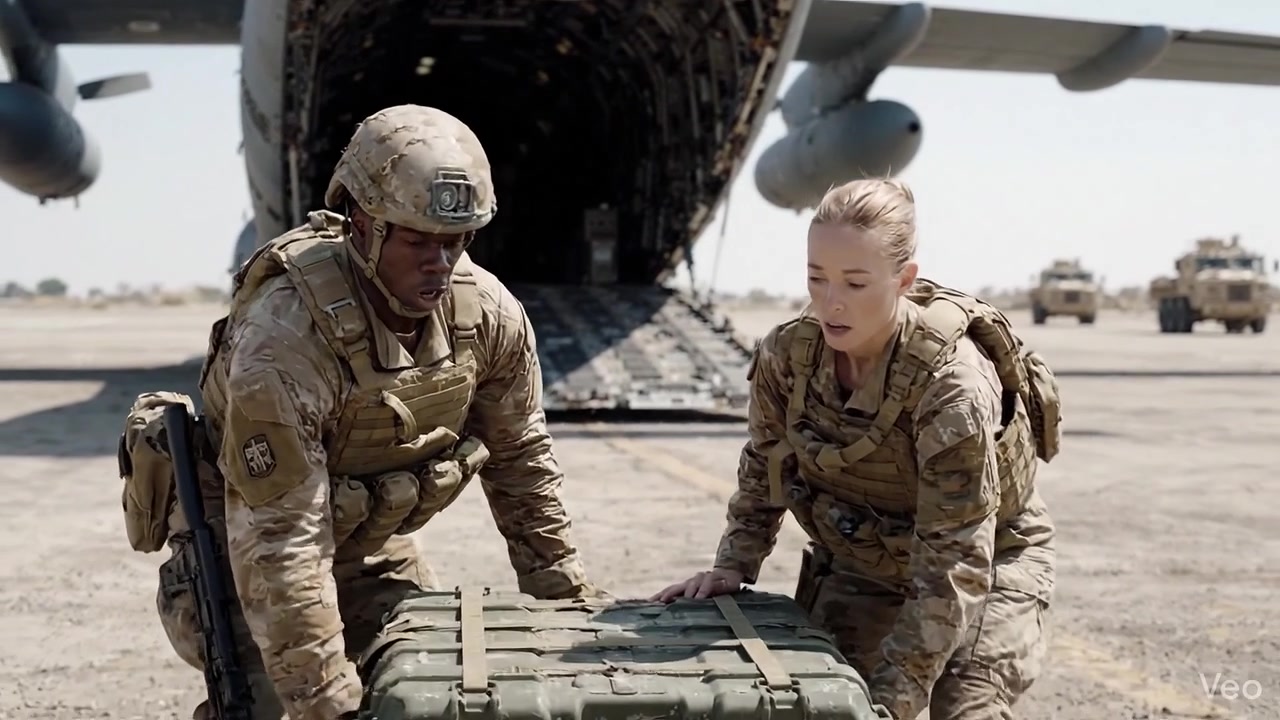Personale militare scarica equipaggiamento da un aereo in un ambiente polveroso, dimostrando lavoro di squadra e prontezza durante un'operazione tattica.