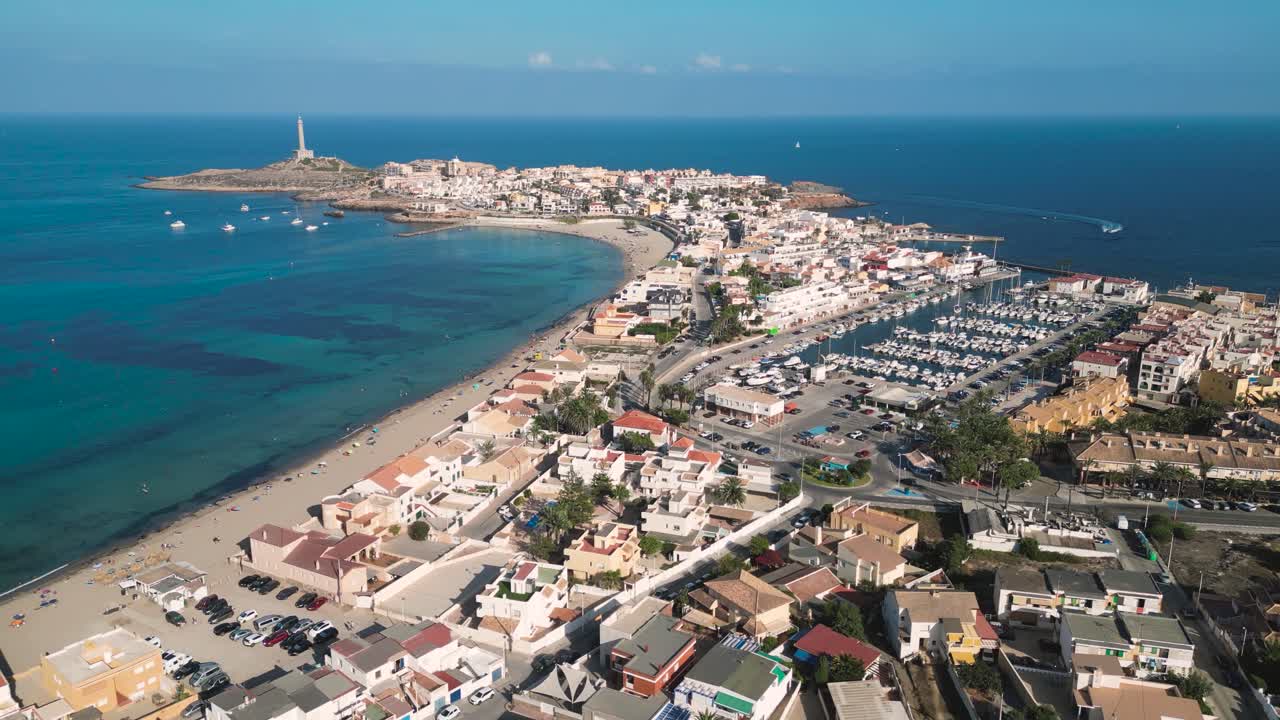 Aerial drone perspective of famous region La Manga, Murcia Province. Spain. "Cabo de Palos" - Cape Palos. Beautiful panorama of all region. European Travel Destination