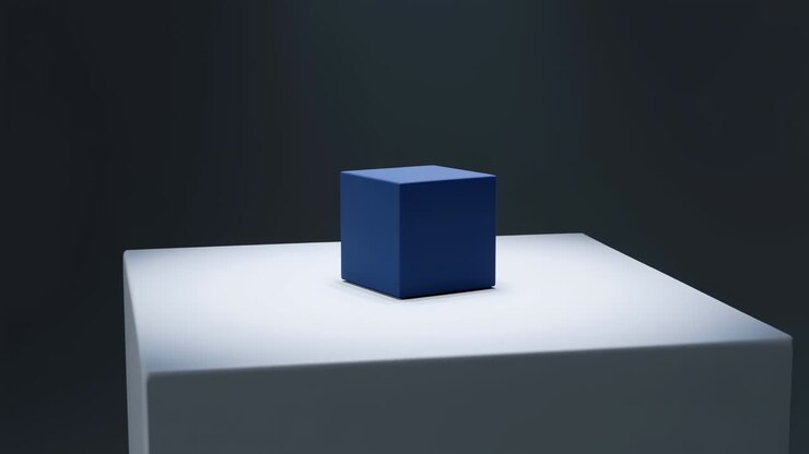 Blue Cube On White Pedestal, Studio Shot, Dark Backdrop, Moody Top Lighting, Sharp Shadow, Product Mockup