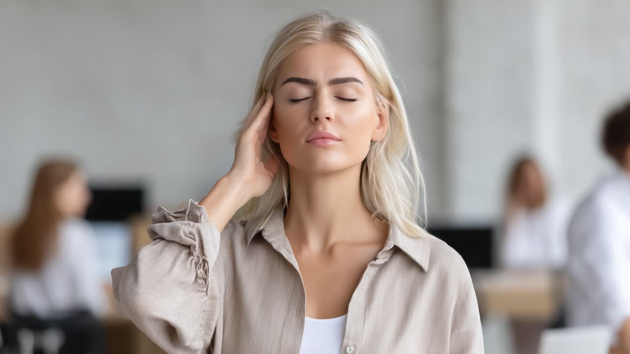 A Young Woman in a Workplace Environment, Expressing Mixed Emotions, Transitioning from a Moment of Contemplation to a State of Confidence and Assurance