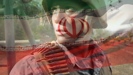 digital composition of waving iran flag against soldier standing at training camp