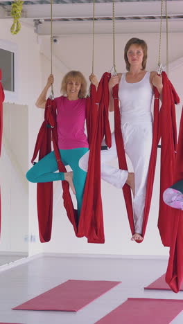 pretty young women group practices new anti-gravity yoga tree asana standing with one leg on cloth and holding hammocks