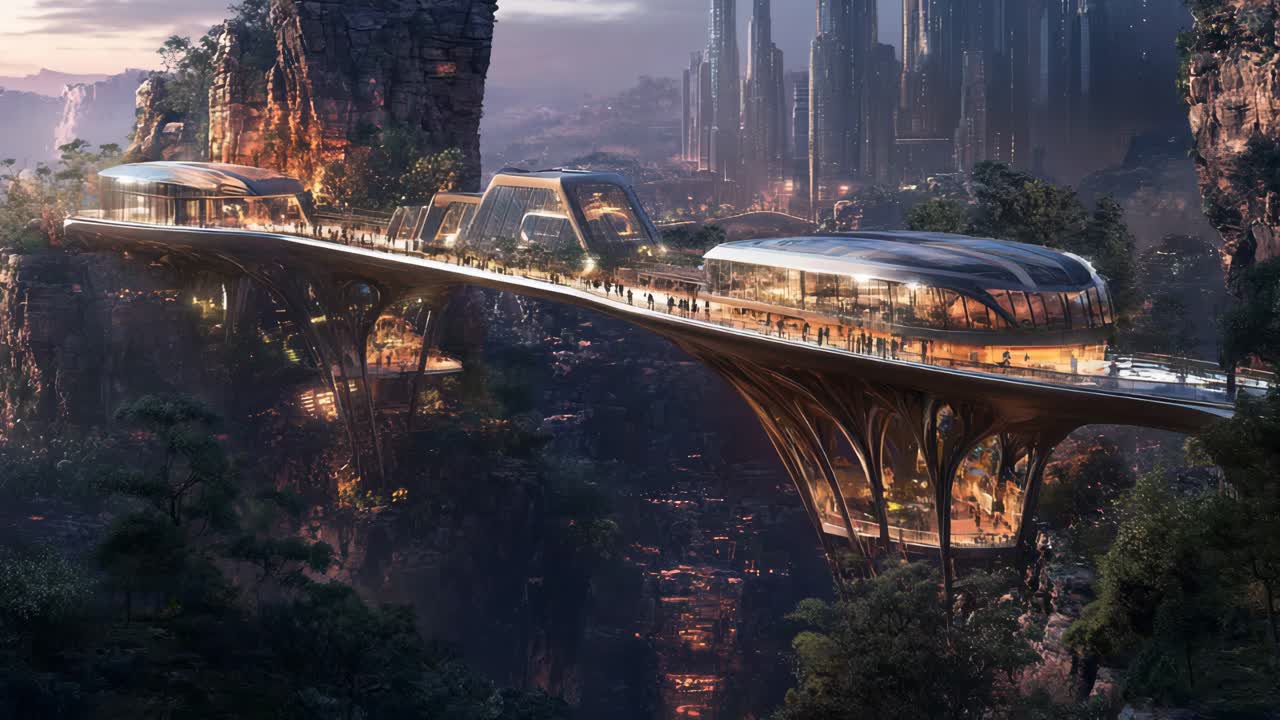 Futuristic Aerial Bridge Cityscape at Night