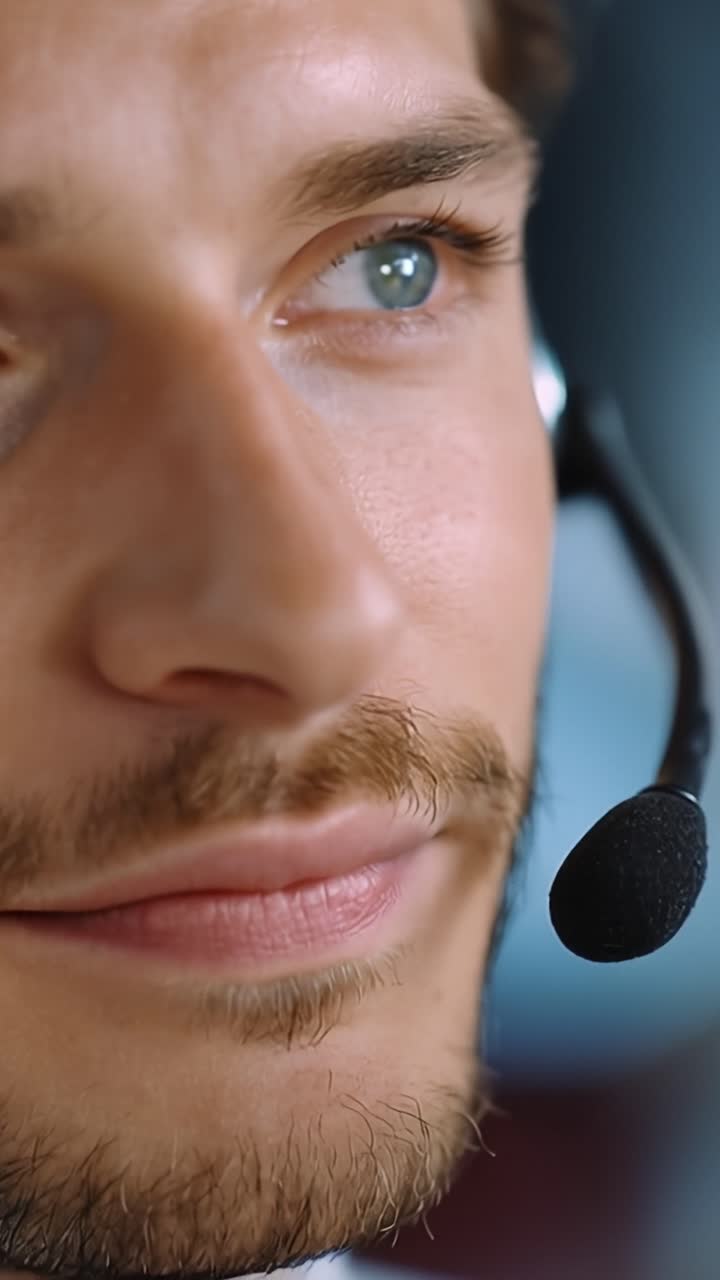 Varmt smil, klare øyne, headset på. Fokusert, vennlig, profesjonell. Kundeservice, teknisk støtte, fjernarbeid. Nærbilde, klart, naturlig lys. Selvsikker, engasjert, imøtekommende.