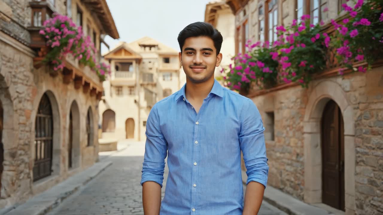 Portrait of a smiling young businessman standing in a picturesque old town street during his summer vacation, enjoying the charm of traditional architecture and vibrant flowers