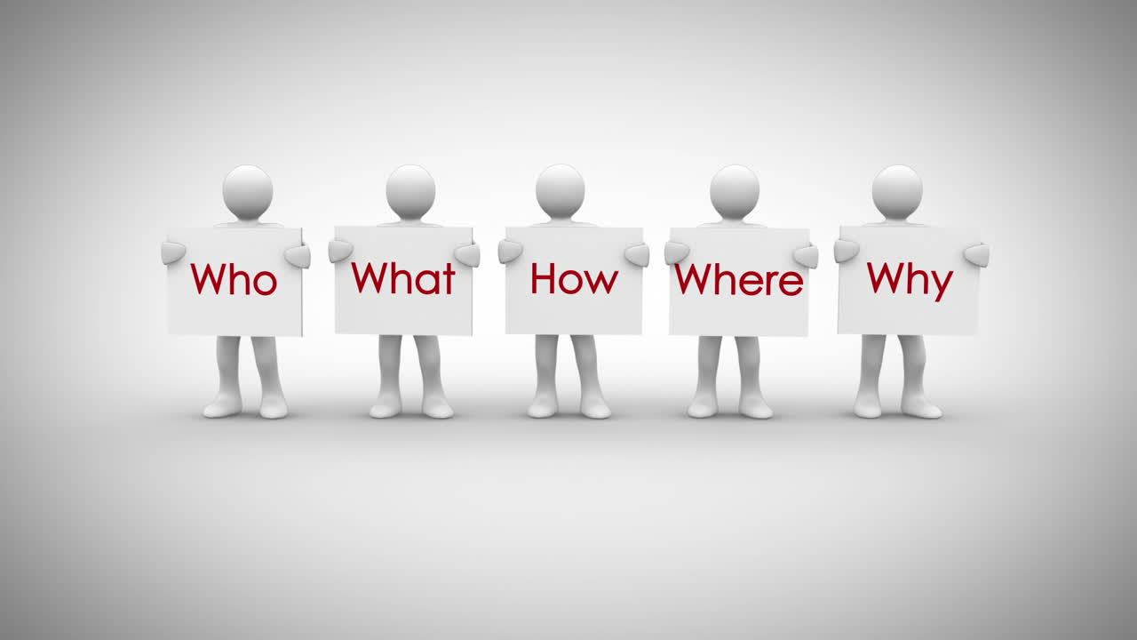 질문 단어를 말하는 표지판을 보여주는 색 문자