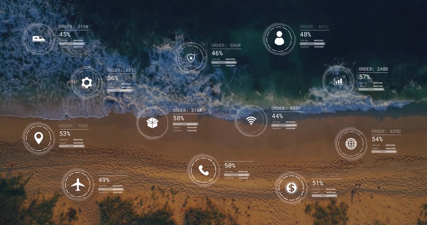 Animation of data processing with icons over seaside landscape