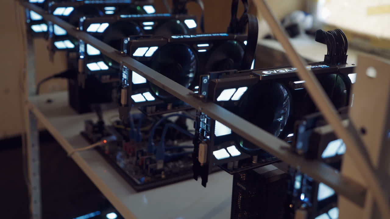 Farm for mining cryptocurrency on video cards. Virtual cryptocurrency concept. Electronic money mining concept