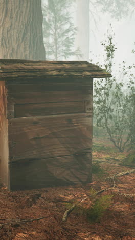 vieja colmena de madera en el bosque en la niebla