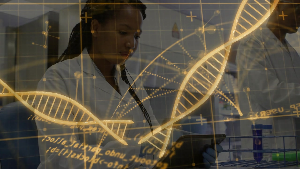 Lab tech tapping tablet causing DNA overlay crossing front and behind, handling tubes for research