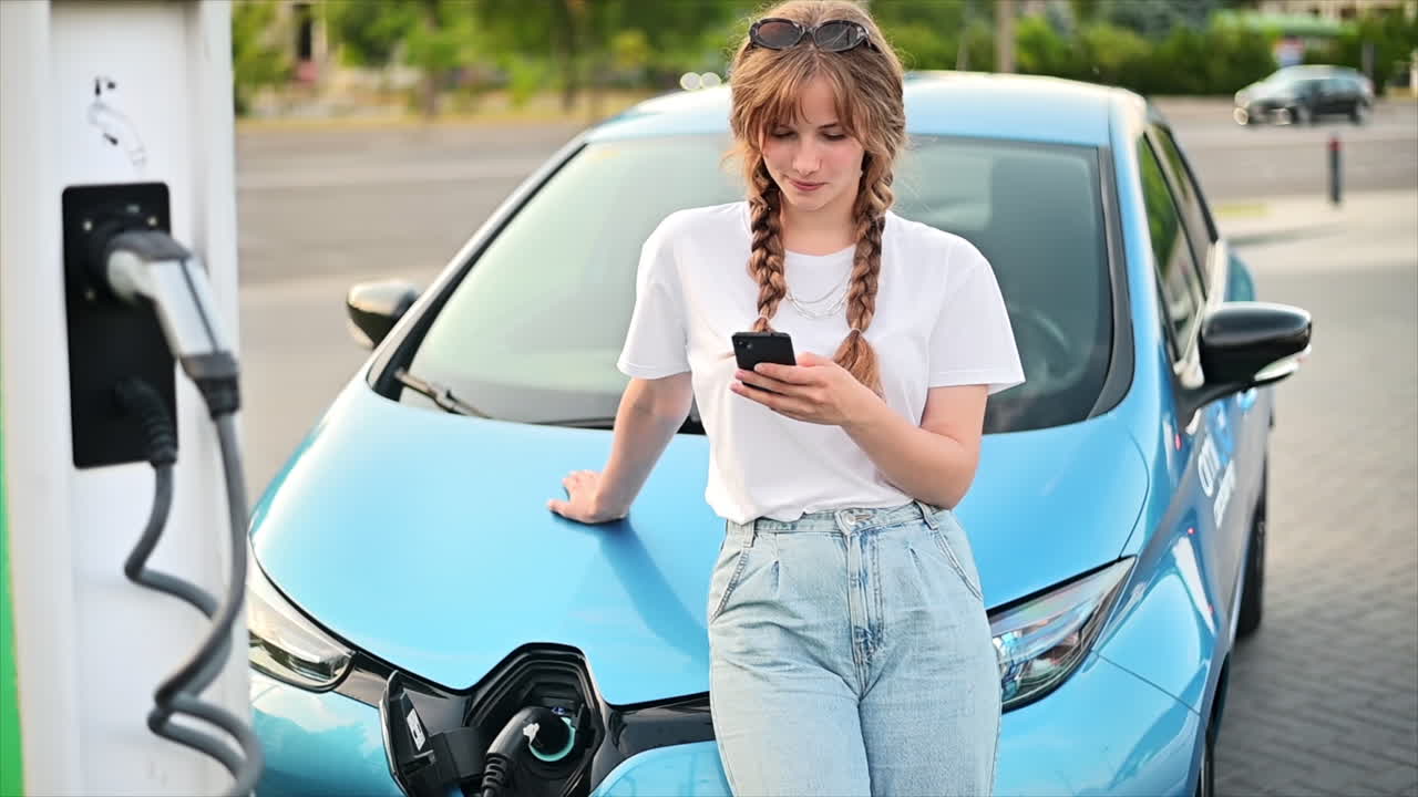 Una giovane donna bionda usa lo smartphone a una stazione di ricarica per auto con un'auto elettrica in carica nelle vicinanze. Chisinau, Moldova. Rallentatore
