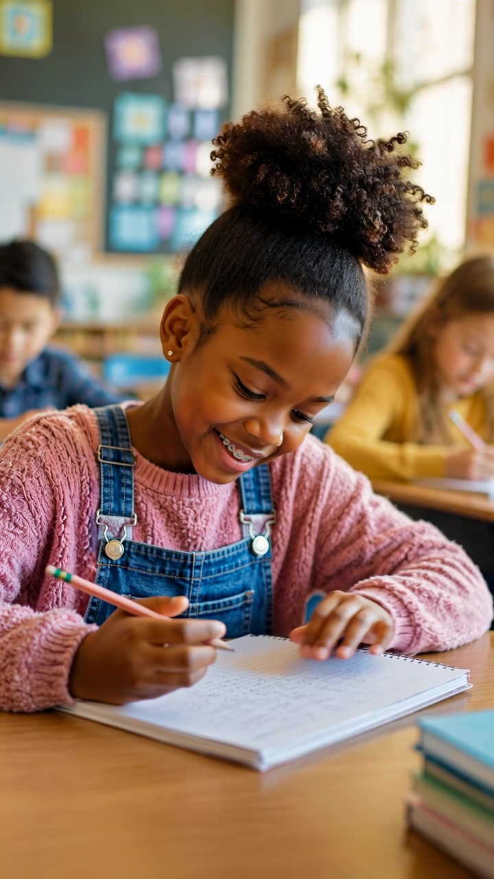 Giovane studentessa seduta al banco di scuola che scrive su un quaderno con una matita, sorridendo mentre è concentrata sul lavoro scritto a mano in un ambiente di lezione luminoso con calda luce naturale.