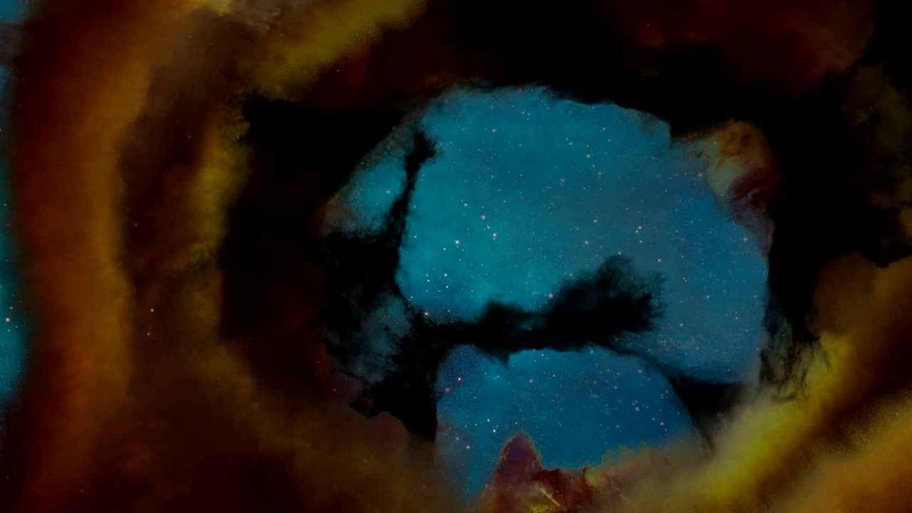 The viewer zooms into a tunnel of gas and dust in deep space in this animation.