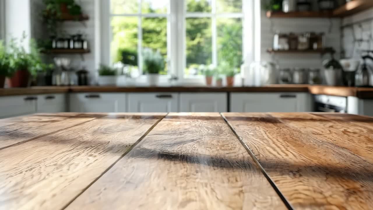 una mesa de madera en una cocina con una vista de la cocina