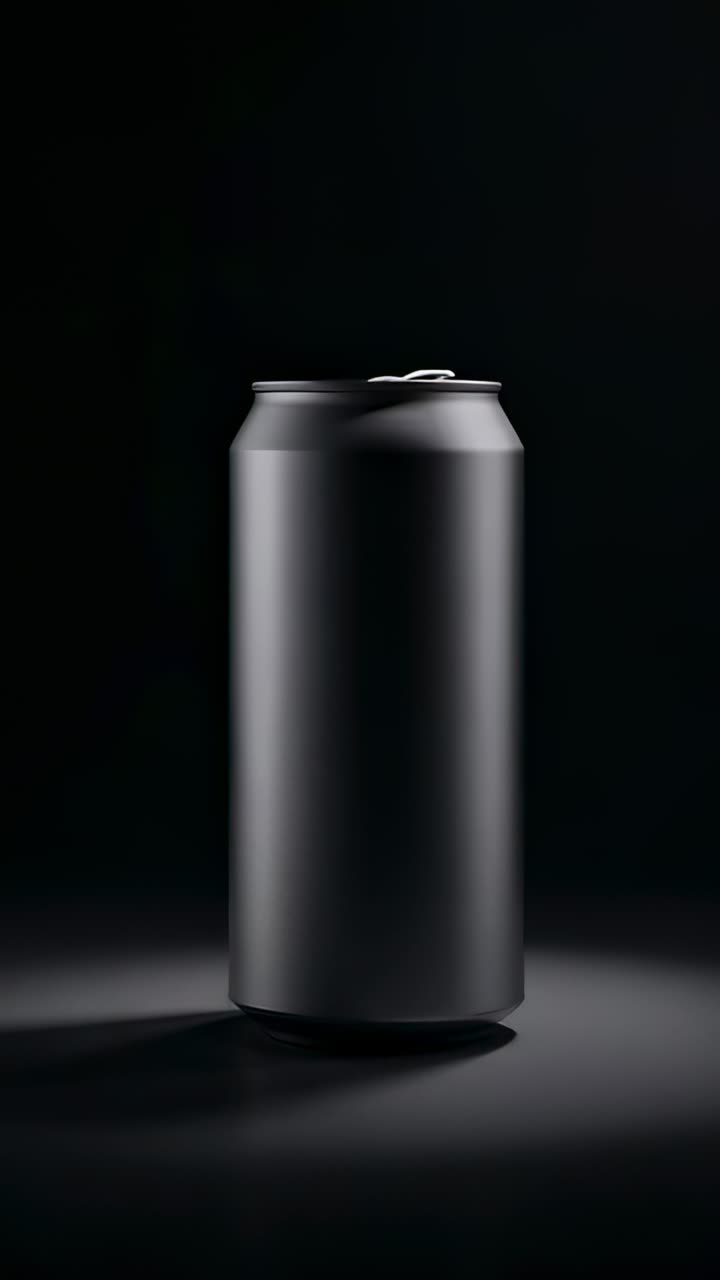Vertical video: Spinning matte black can in studio after starting turntable, revealing pull-tab