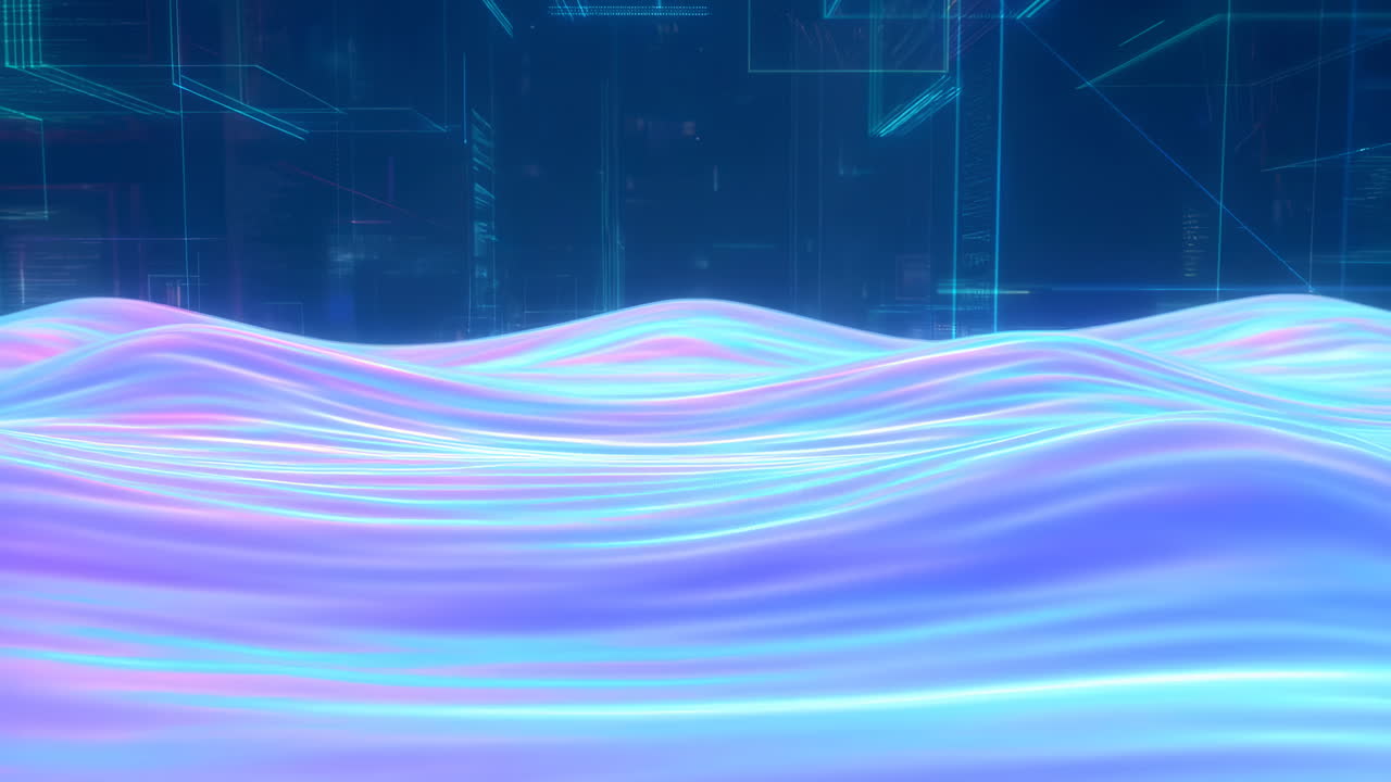 Abstract Wavy Surface with Glowing Neon Lines and Digital Background