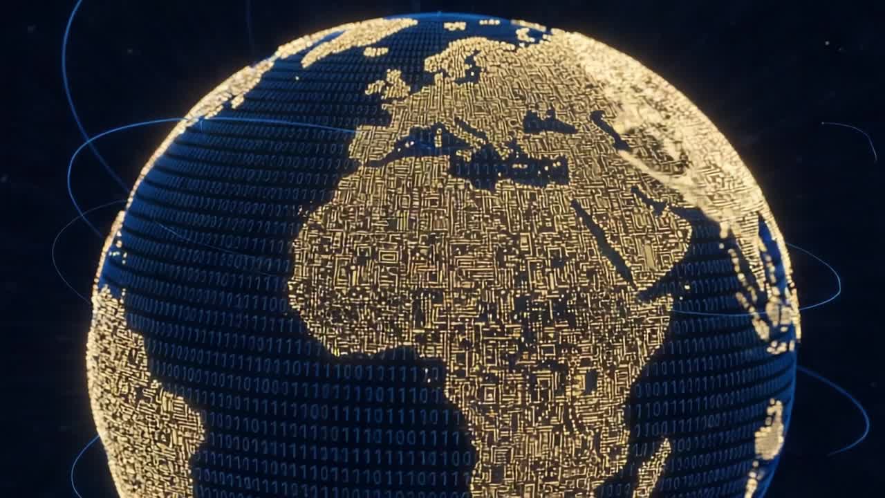 A Stunning Visualization of a Digital Earth Encrusted with Glowing Binary Data, Showcasing Continents and Connections in a Modern Technological Landscape