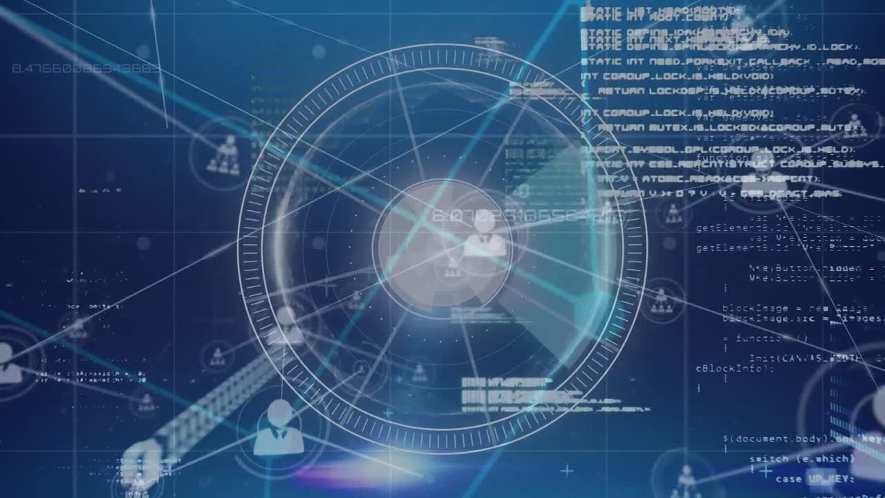 데이터 처리 및 그리드에 대한 사람 아이콘과 연결 네트워크의 애니메이션