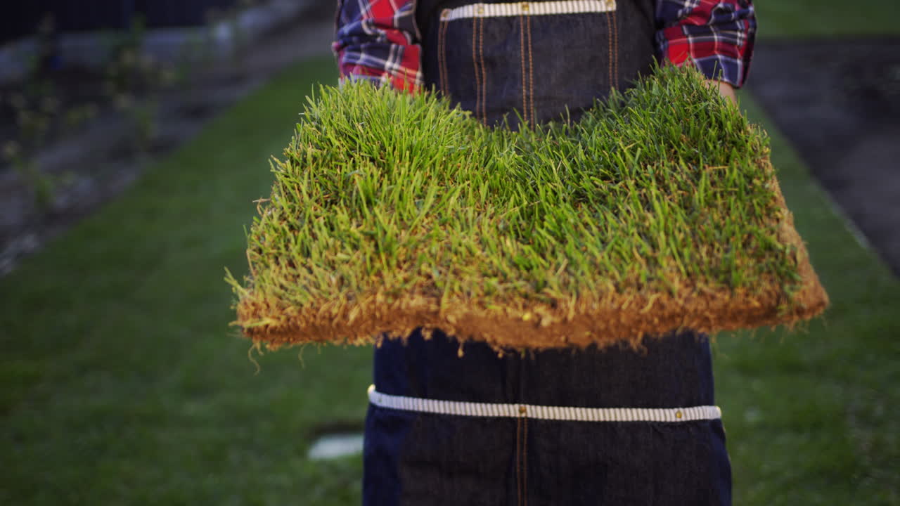 Sideview: The farmer's hands are holding a piece of land with green grass.