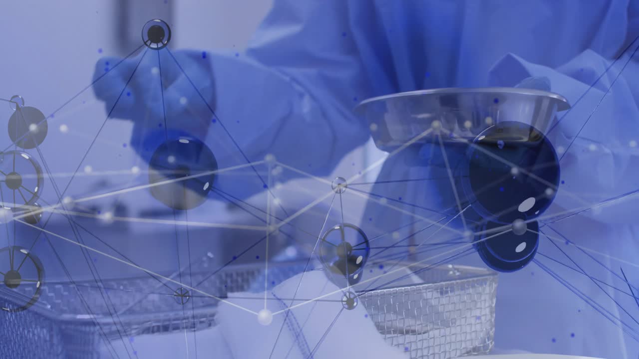 Gloved hand handling stainless steel bowl on tray, displaying digital network overlay in 3D render