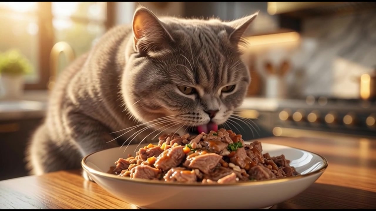 Graue getigerte Katze frisst Nassfutter aus einem Napf in einer Küche