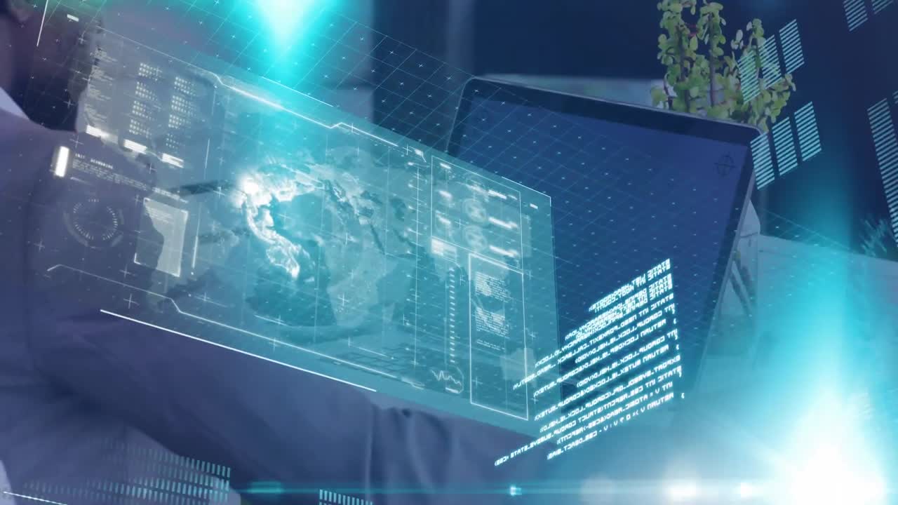 노트북 컴퓨터에서 일하는 사업가와 함께 지구와 정보를 보여주는 인터페이스의 애니메이션