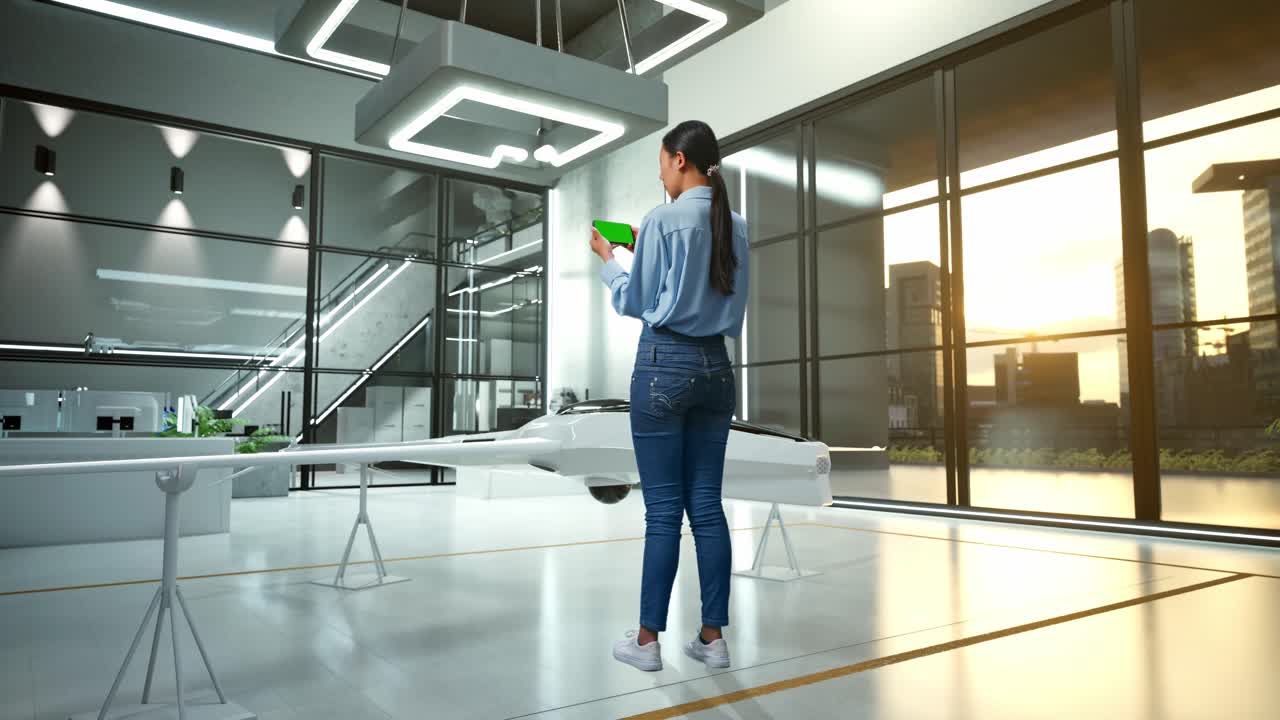 una mujer viendo un modelo de dron en una oficina moderna.