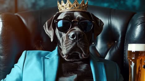 a dog wearing a crown and sunglasses holding a glass of beer