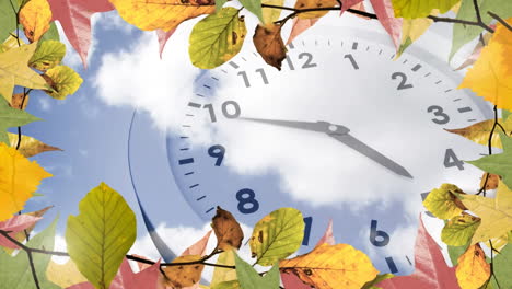 frame with autumn leaves and clock 4k