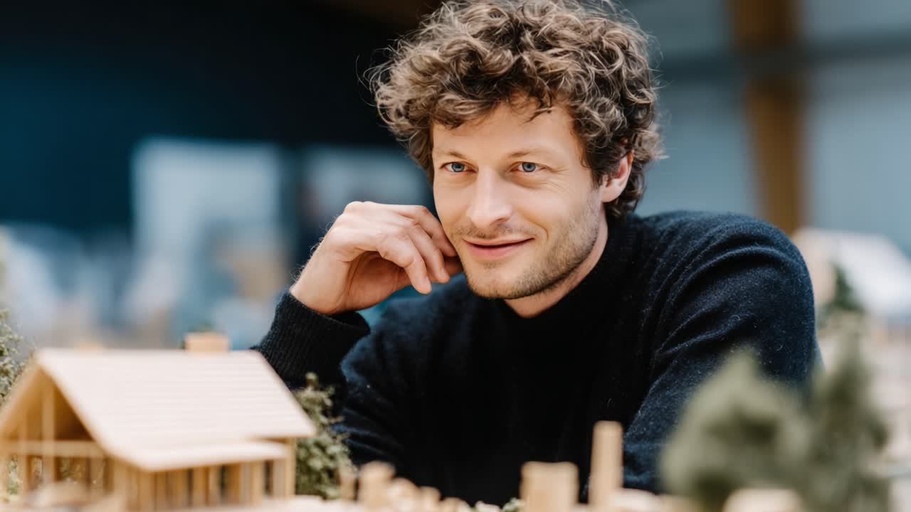 A Thoughtful Designer Examines His Wooden Architectural Model with Intrigue, Showcasing Creativity and Passion for Miniature Construction Insights