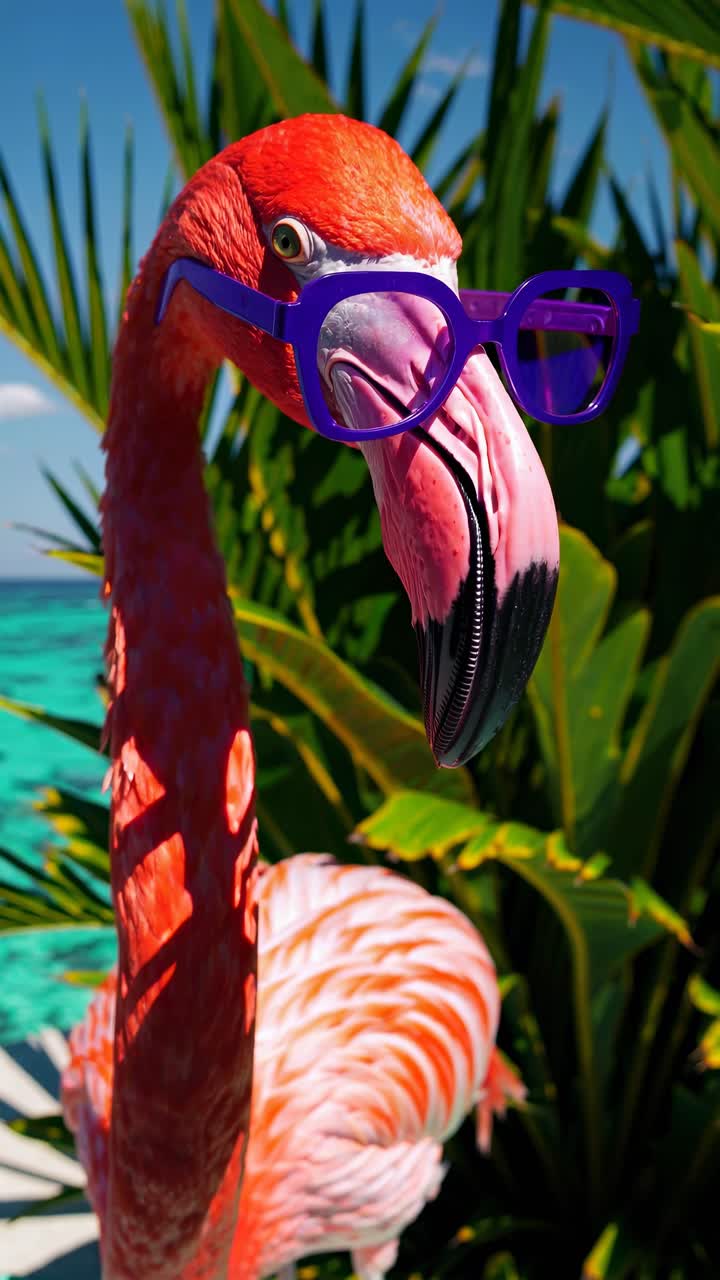 Um conceito de vídeo divertido apresentando um flamingo usando óculos de sol. Filmado de um ângulo baixo