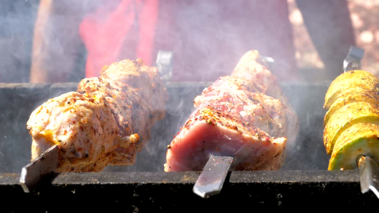 야생에서 그릴에 요리 된 shish kebab. 거리 음식. 개에 긴 고기